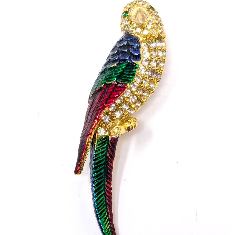Rhinestone Parrot Brooch Enamel Pin Unsigned Gold Tone Perched Colorful